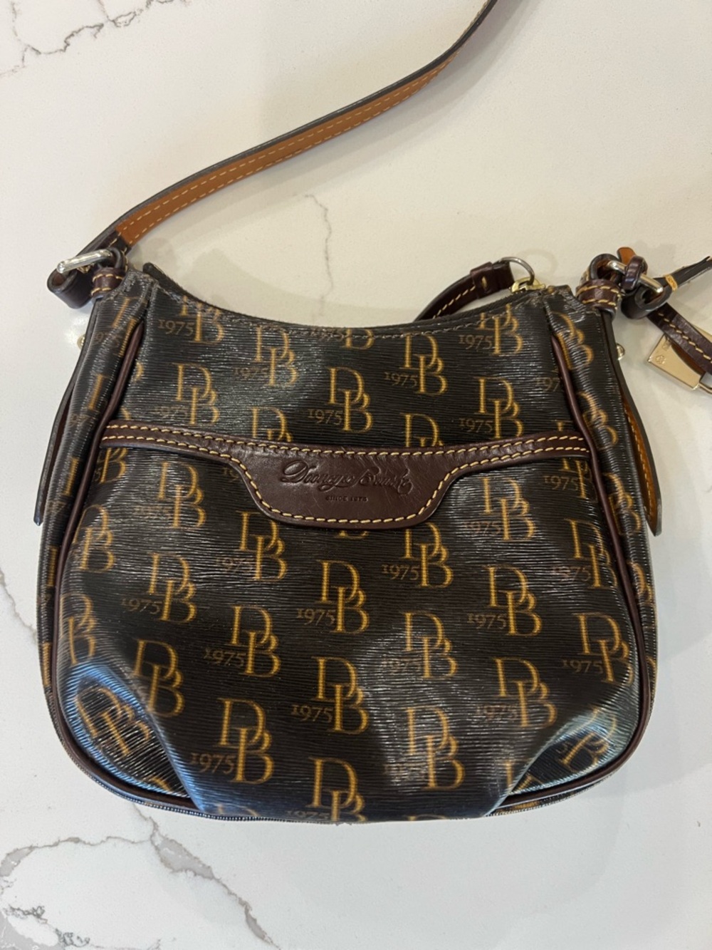 Dooney & Bourke DB Monogram Crossbody Bag Brown Tan 1975 Logo Hobo Purse